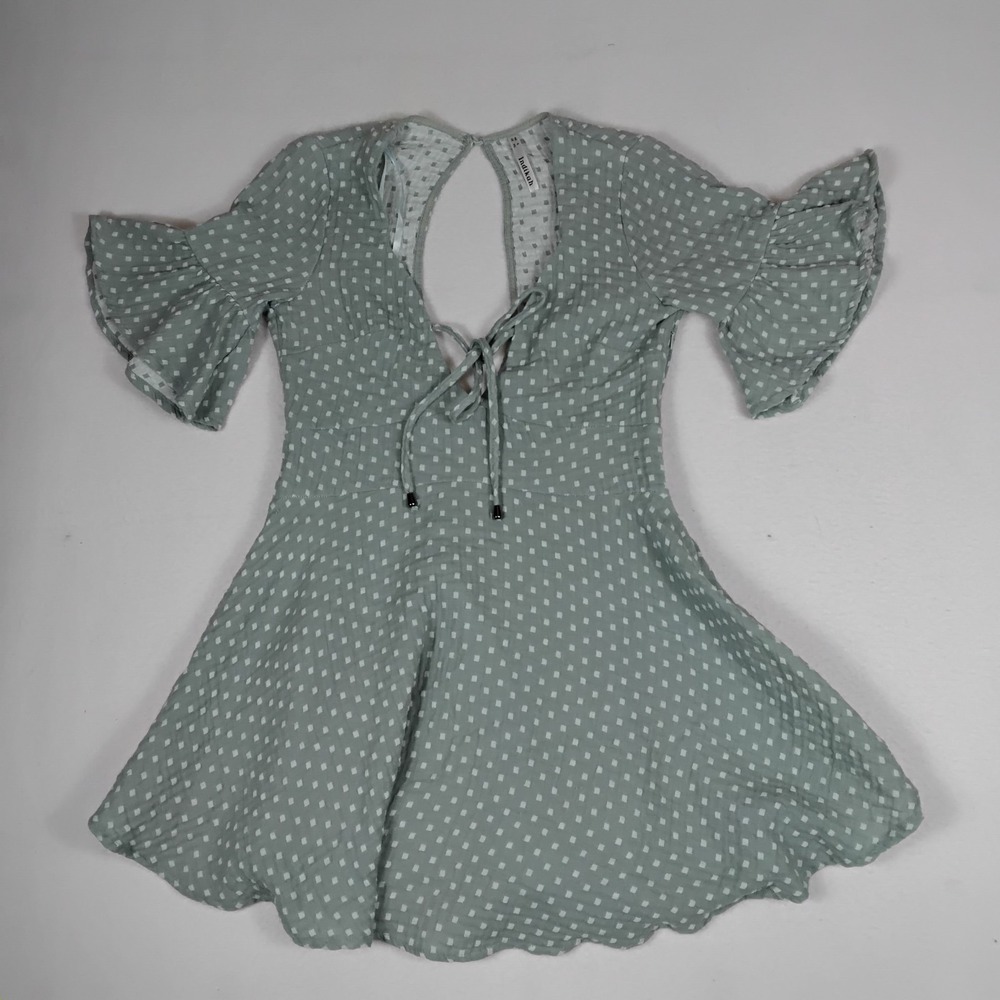 Indikah Sage Green Mini Dress XS Open Back Tie Ruffle Sleeve A-Line Boho